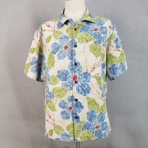 It's 5 O'Clock Somewhere Shirt Mens Large Blue Floral Hibiscus Tropical Silk